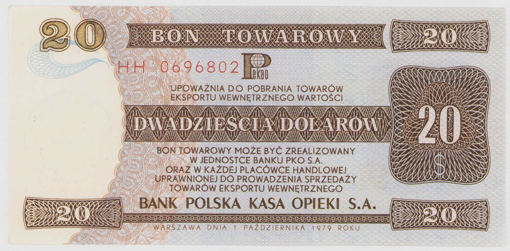 Bon towarowy PeKaO. 20 dolarów 1979, seria HH
